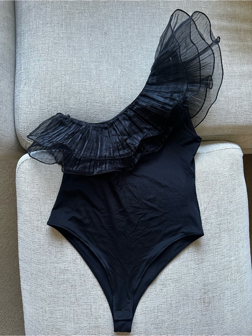 Zara Black One-Shoulder Ruffle Mesh Bodysuit